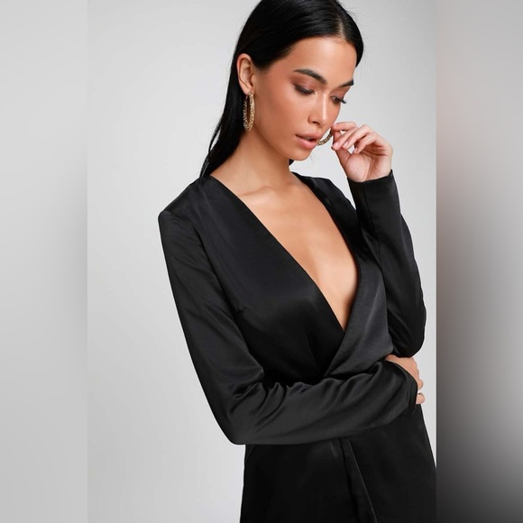Lulu’s Sleek Surprise Black Satin Double Breasted Blazer Dress - Picture 4 of 11